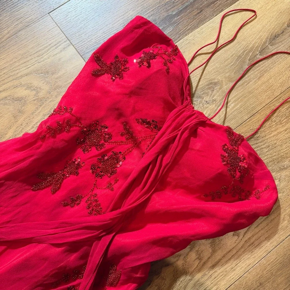 Vintage Y2K 100% Silk Beaded Dress Vintage Beaded Dress Red Fairy Prom Silk Gown - Picture 10 of 16